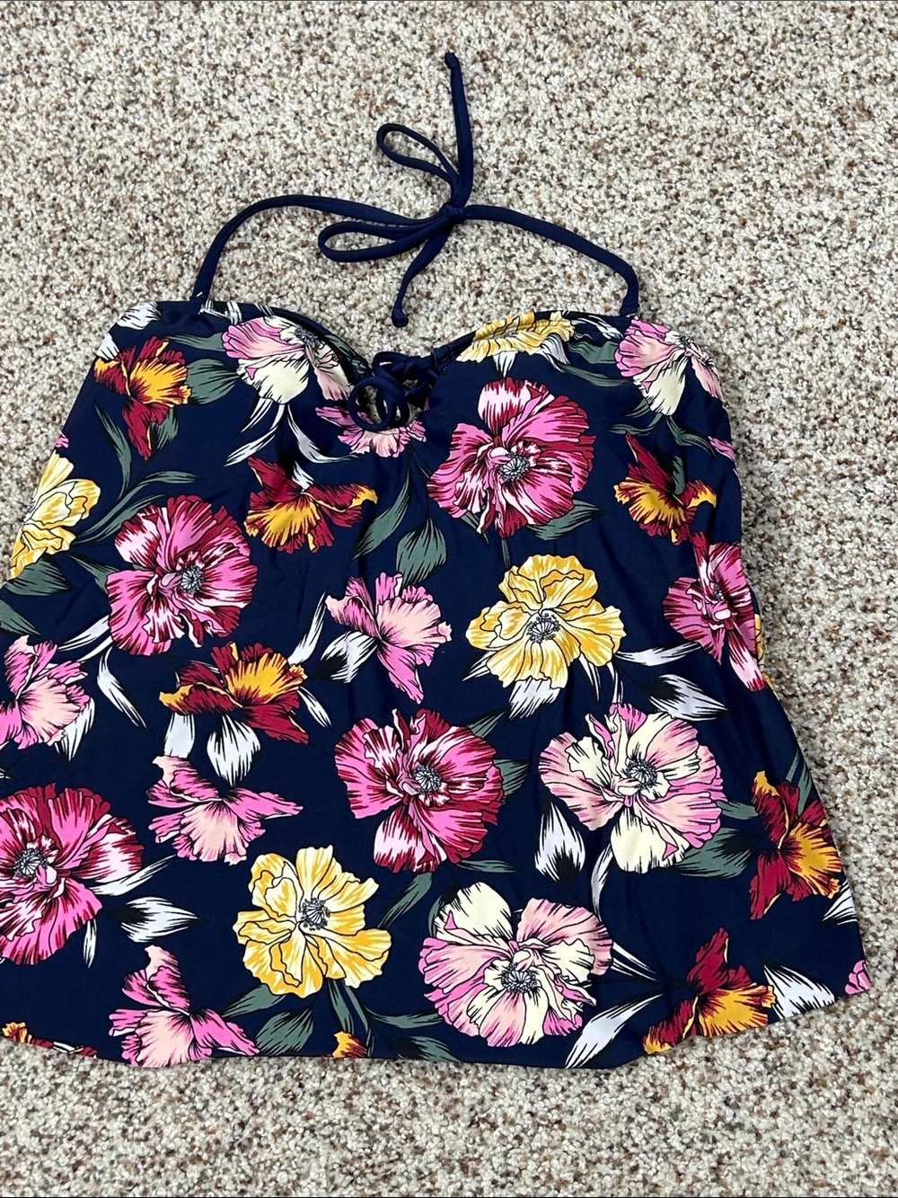 Floral Halter Tankini Top - Navy with Pink & Yellow Blooms